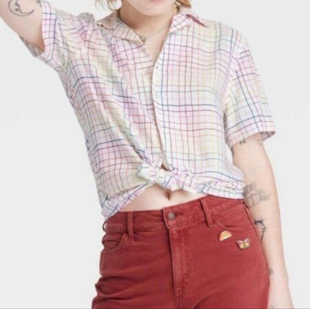 Target Pride Adult Short Sleeve Woven Rainbow Grid Button-Down Shirt XS
